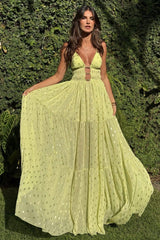 Plunge Neck Cutout Cinch Waist Glittering Slip Maxi Dresses