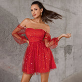 Sexy Wrap Chest Short Skirt One-Shoulder Sweet French Sequin Dress