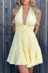 Lace Patchwork Cinch Waist Deep V Neck Halter Ruffled Mini Dresses - Yellow