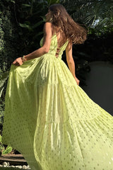 Plunge Neck Cutout Cinch Waist Glittering Slip Maxi Dresses