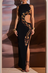Snake Pattern Cutout Slit Side Slim Fit Maxi Tank Dresses - Black