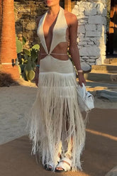 Knit Patchwork Halter Cutout Fringed Hem Maxi Dresses - Beige