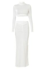 Stand Collar Long Sleeve Crop Top Bodycon Ruched Maxi Skirt Matching Set - White