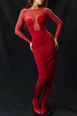 Mesh Patchwork Long Sleeve Irregular Corset Bodycon Midi Dresses - Red