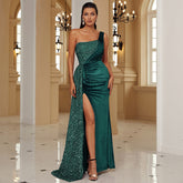 Shoulder Sleeveless Sequin Slit Long Evening Dresses