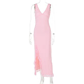 V-neck sleeveless black fungus edge slit backless dress