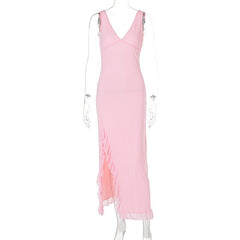 V-neck sleeveless black fungus edge slit backless dress