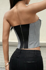 Strapless Fold - Over Design Houndstooth Pattern Irregular Corset - White