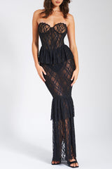 Lace See Through Strapless Formal Party Mermaid Maxi Dresses - Black
