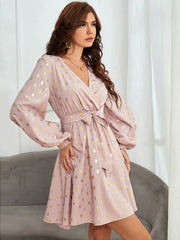 Tied Printed Surplice Long Sleeve Dress