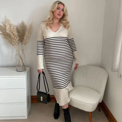 Elegant Striped Knit Maxi Dress Women Autumn Flare Long Sleeve Sexy V-Neck Bodycon Party Dresses Club Outfits Lady Casual Dress
