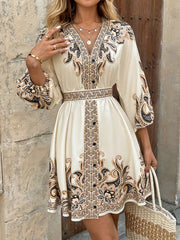 Printed V-Neck Three-Quarter Sleeve Tie-Waist Dress