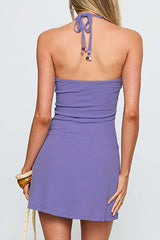 Beaded Halter Neck Solid Color Slim Fit Casual Mini Dresses - Purple