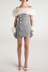 Off Shoulder Plush Patchwork Double - Breasted Mini Dresses - Grey