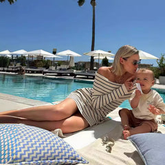 Beach vacation off shoulder striped long sleeved skirt with a single neckline knitted casual short dress