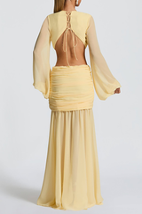 Deep V Neck Lantern Sleeve Cutout Ruched See Through Maxi Dresses - Yellow