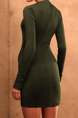 Long Sleeve Cutout Ruched Bodycon Solid Color Mini Dresses - Green