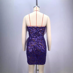 backless one shoulder design strapless mesh sequin tight purple mini dress
