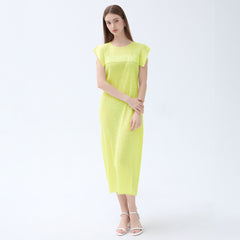 Ladies simple loose sleeveless pleated waistcoat round neck mid-length dress