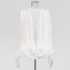 French lady style long sleeve short dress transparent mesh sexy ruffle short skirt