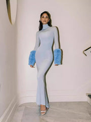Blue high neck see through slim fit feather long sleeved dress, elegant and sexy party dress