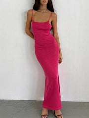 Women Knitted Dress Slash Neck Sleevesless Lace-up Backless Split Slim Ankle-length Dresses