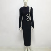 Black Color Women Long Sleeve Shinning Crystal Bodycon Bandage Long Dress Celebrate Evening Party Cocktail Dress