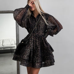 Early spring chiffon leopard print long sleeved dress with a lapel and puffy skirt