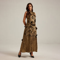 Three dimensional flower splicing sleeveless waist cinched A-line skirt long dress