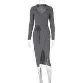 Long Sleeve Dress Sexy Bag Hip Tie Rope Waist Split Long Dress