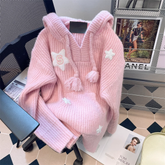 Chic stern kapuze v-ausschnitt pullover frauen herbst gestrickte pullover mantel