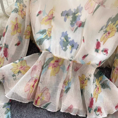 Women's trumpet long sleeve ruffled printed chiffon blouse