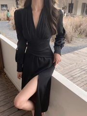 New Women's black v-neck long dress