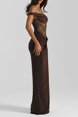Lace Patchwork One Shoulder Slim Fit Ruched Maxi Dresses - Brown