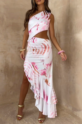 Floral Print Skew Neck Cutout Ruffled Irregular Maxi Dresses - White
