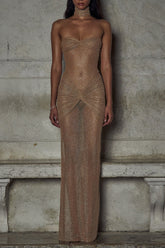 Shimmering Strapless Ruched See Through Maxi Dresses - Beige