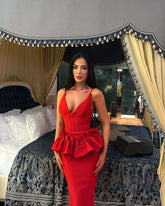 Red V-neck ruffle hem backless waist cinched evening dress socialite long dress