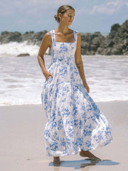 White and blue floral print bohemian holiday beach dress loose suspender dress