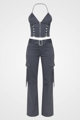 Backless Crop Top Lace Up Zip Halter Pocket Straight Leg Pants Matching Set