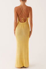 Plunge Neck 3D Flower Crochet Backless Slip Maxi Dresses - Yellow