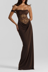 Lace Patchwork One Shoulder Slim Fit Ruched Maxi Dresses - Brown