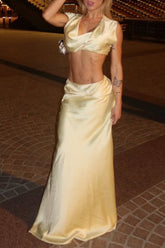 Cowl Neckline Crop Top Solid Color Twisted Maxi Skirt Set - LightYellow