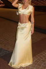 Cowl Neckline Crop Top Solid Color Twisted Maxi Skirt Set - LightYellow