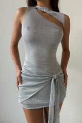 Sleeveless Cutout Ruched Tie Up Sash Shimmery Mini Dresses - Silver Pre Order
