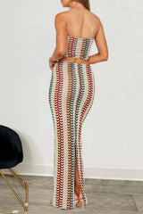 Knit Abstract Multicolor Striped Crop Tube Top Fitted Maxi Skirt Set - Beige