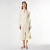 Early Fall Luxury Brief Gentle Beige Color Midi Knitting Dress Quality Buttons Strongly Elastic