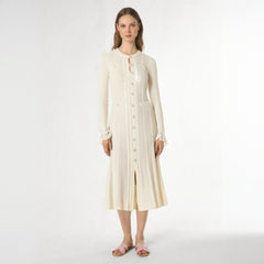 Early Fall Luxury Brief Gentle Beige Color Midi Knitting Dress Quality Buttons Strongly Elastic