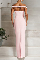 Off Shoulder V Neckline Ruched Slim Fit Solid Color Maxi Dresses - Pink