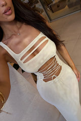 Square Neck Cutout Lace Up Bodycon Slip Maxi Dresses - Beige