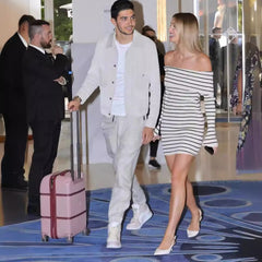 Beach vacation off shoulder striped long sleeved skirt with a single neckline knitted casual short dress